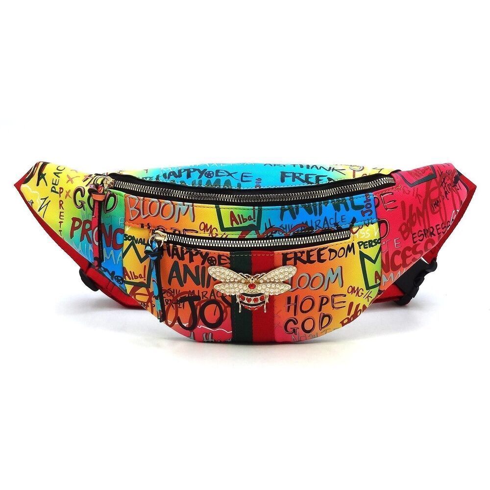 Multi Color Graffiti Queen Bee Stripe Fanny Pack Waist Bag
